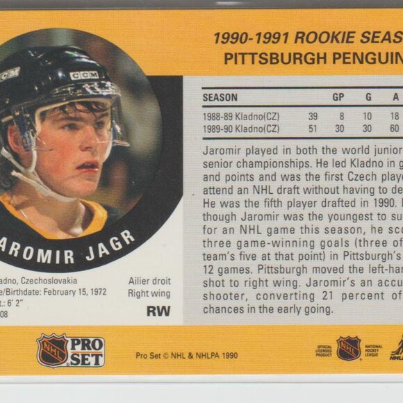 Jaromir Jagr 1990-91 Pro Set RC #632 Pittsburgh Penguins - Picture 2 of 2